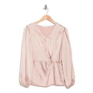 Pleione Womens Top Size Medium Pink V Neck Satin Peplum Pale Mauve NWT